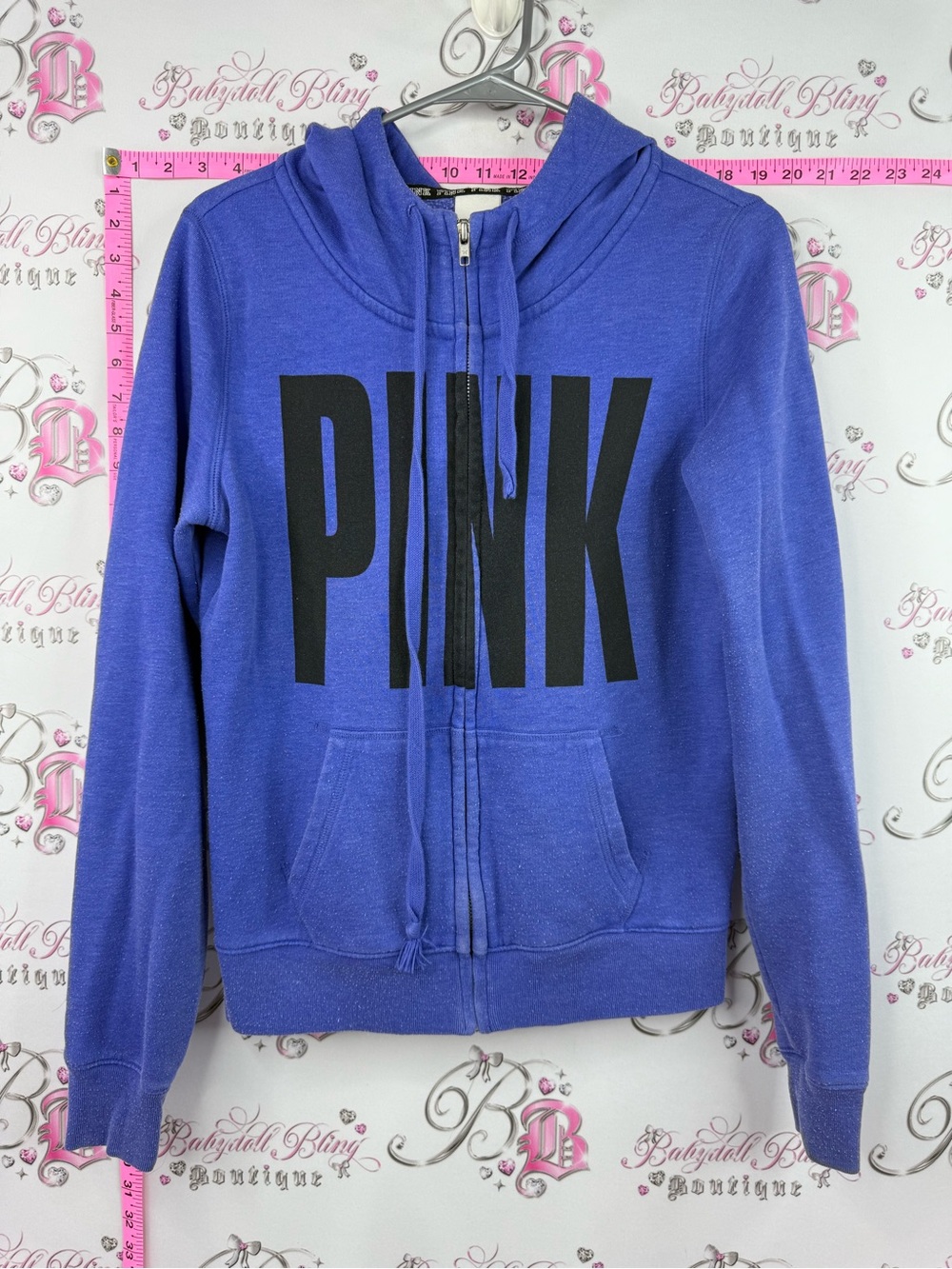 PINK Victoria's Secret Blue Zip-Up Hoodie with Black Logo sweater - Picture 1 of 8